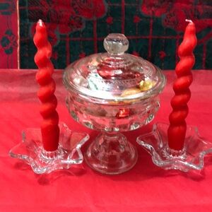 Glass Candy dish. Two candle holders with special made candles. NWOT